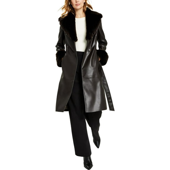 Via Spiga Womens Faux Fur Faux Leather Trench Coat