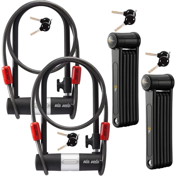 Via Velo Folding Bike Lock Set 6-in-1 Heavy-Duty Bike Lock with Bike Cable & Same Key System, 2 Pack