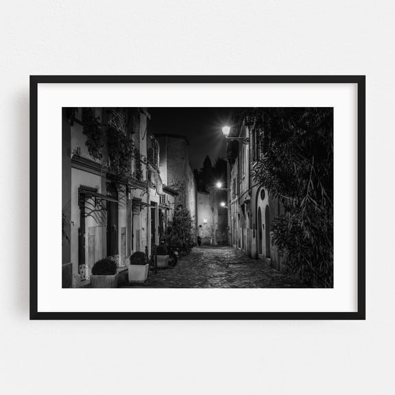 Via della Paglia B&W - Rome Lazio Italy Photography Black and White Street Photography Nightlife Architecture Vintage City Black Framed Wall Art Print 5 x 7 inches