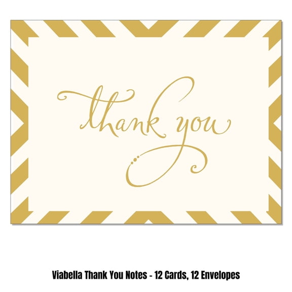 Viabella Bordered Gold Thank you Card Assortment - 12 Cards, 12 Envelopes
