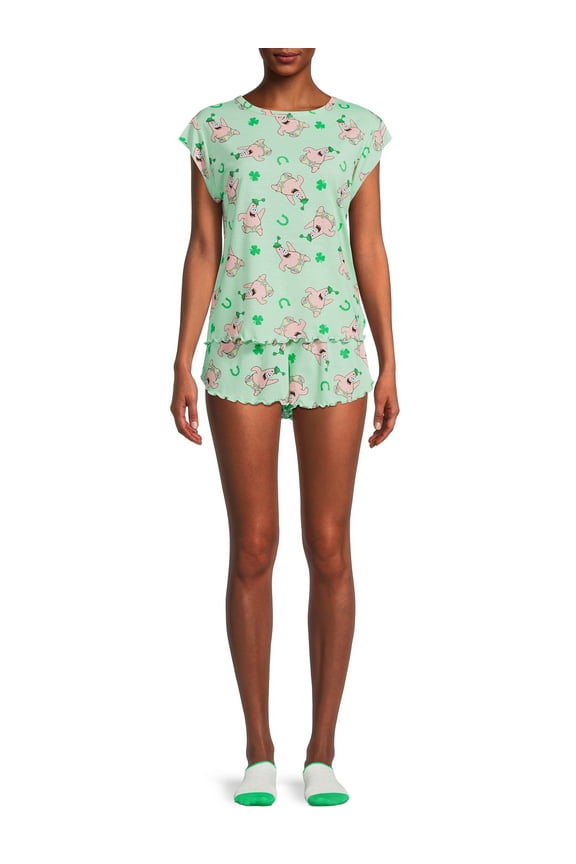 Viacom Women's and Women's Plus Nickelodeon Sponge Bob's Patrick Top and Shorts Pajama Set, 3-Piece
