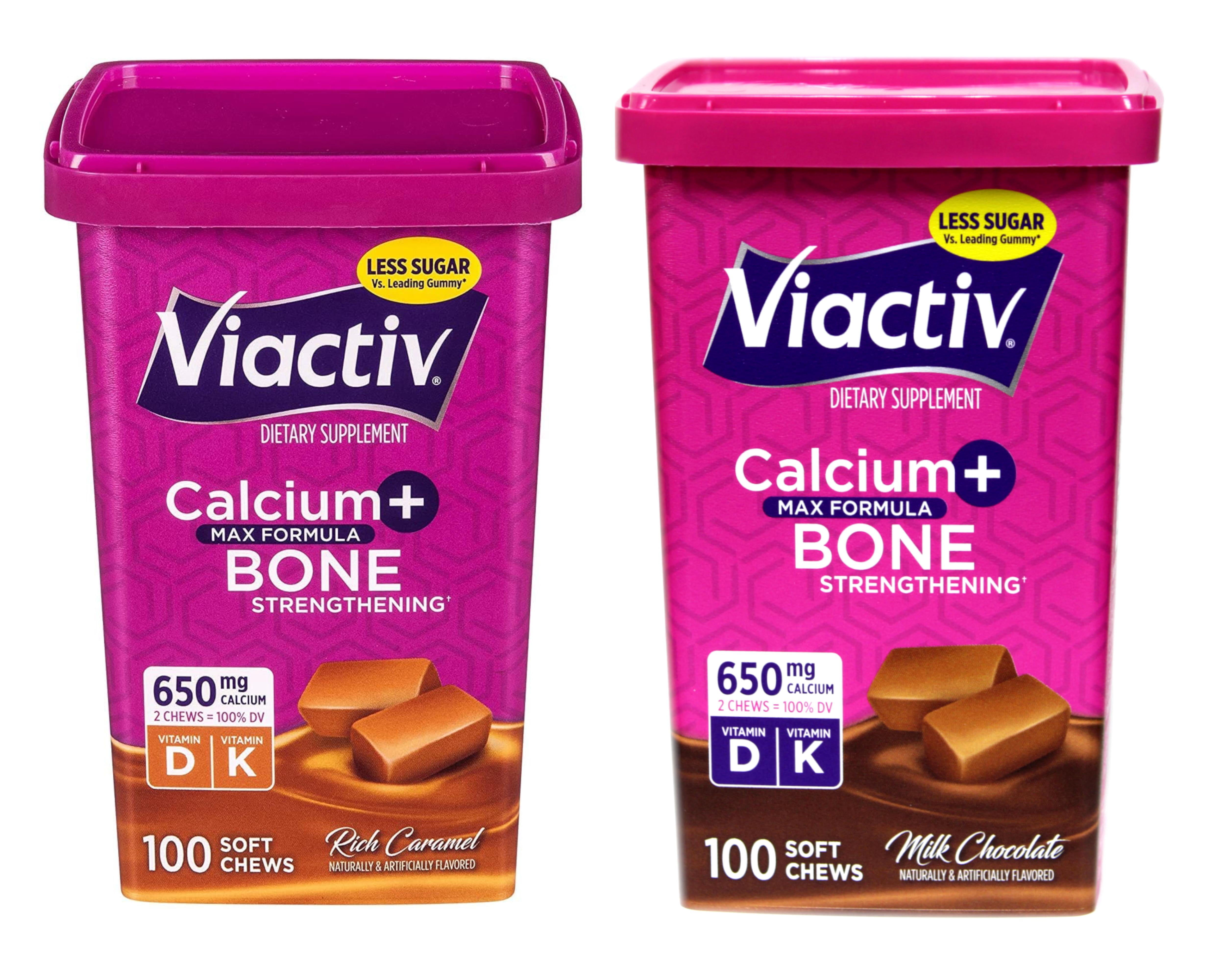 Viactiv Max Formula Calcium +Vitamin D3 Supplement for Bone Health, Rich Caramel and Milk Chocolate, 100 Soft Chews Each