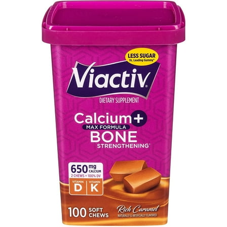Viactiv Calcium + Vitamin D3 Supplement Soft Chews, Caramel,Calcium for Bone Health, 100 Count