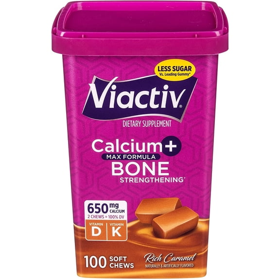 Viactiv Calcium Vitamin D3 Supplement Soft Chews, Caramel,Calcium for Bone Health, 100 Count