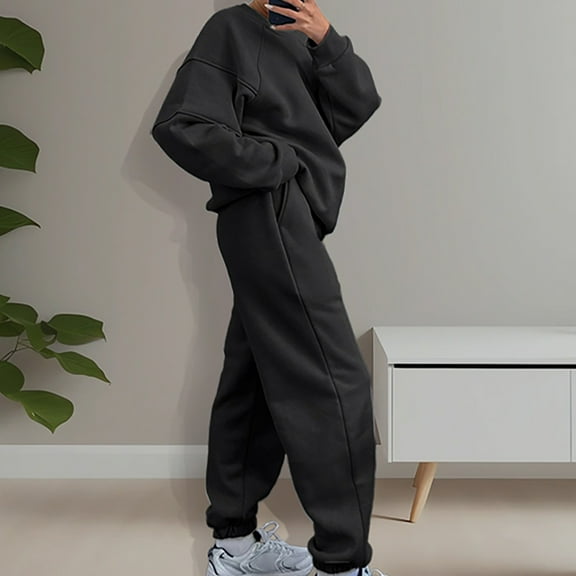 Viadha 2 Piece Sets for Women Fall Women Casual Solid Color Two Piece Long Pants Hooded Pullover Long Sleeve Sweatshirts Sets