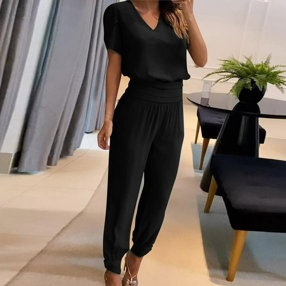 Viadha 2 Piece Sets for Women Fashion Woman Round Neck Solid Short Sleeve Blouse +Loose Pockets Pants Sets