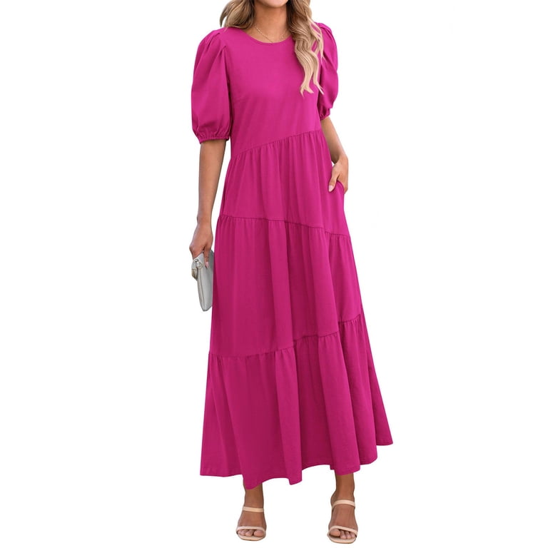 Viadha Cute Summer Dresses Women's Bubble Sleeve Round Neck Patchwork Loose Casual Shirt Long Dress