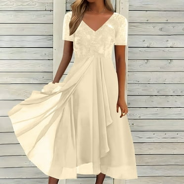 Viadha Dresses for Women 2024 Women Casual Fashion Loose Solid Lace Chiffon Short Sleevee V-Neck Dress on Clearance