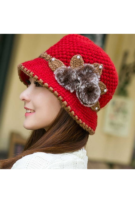Fashion Women Lady Winter Warm Crochet Knitted Flowers Decorated Ears Hat