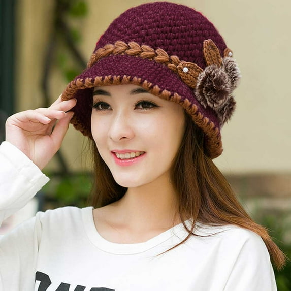Viadha Fashion Women Lady Winter Warm Crochet Knitted Flowers Decorated Ears Hat