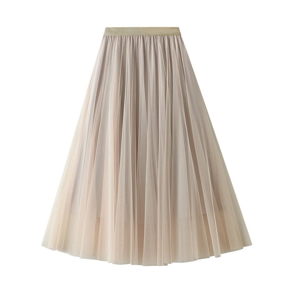 Viadha Fashion Women Long Vintage Tulle Skirt Solid High Waist Mesh Pleated A-Line Skirt