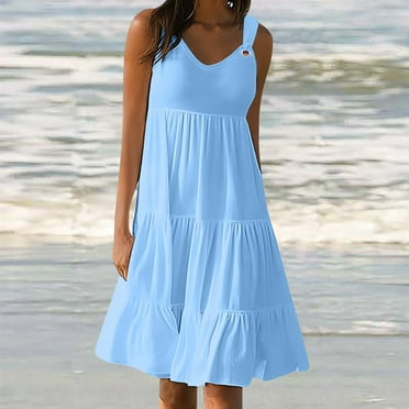Viadha Long Dress Fashion Holiday Summer Solid Color Sleeveless Party Beach Dress on Clearance