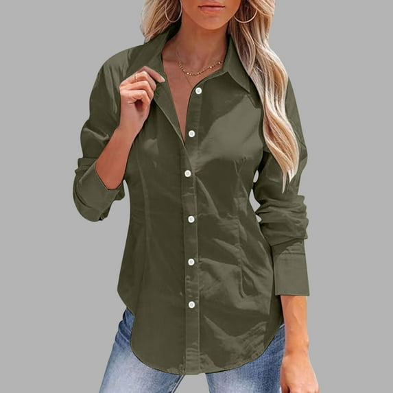 Viadha Long Sleeve Crop Tops for Women Women's Washed Cotton and Linen Shirts Long Sleeve Dress Shirts Wrinkle Collared Work Office Solid Blouses Tops