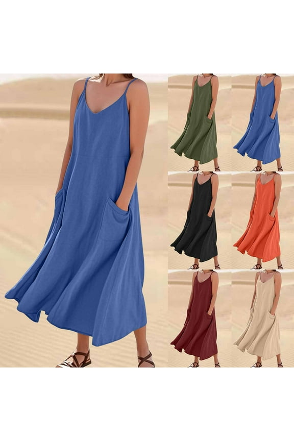 Dress under $10 Summer Dresses for Women Womens Dresses V Neck Casual Solid Color Sleeveless Cotton Linen Long Dress Bohemian Dress