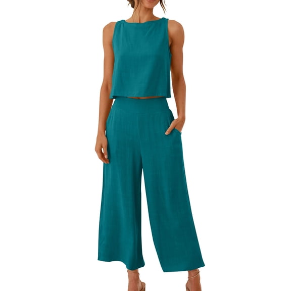 Viadha Lounge Sets for Women 2PC Fashion Woman Round Neck Solid Sleeveless Blouse +Loose Pockets Pants Sets