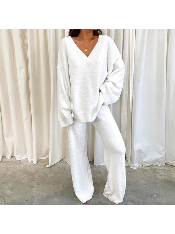 Lounge Sets for Women Two Piece Outfits Long Sleeve Solid Color Tops With High Waist Pants Baggy Warm Pajama Sets