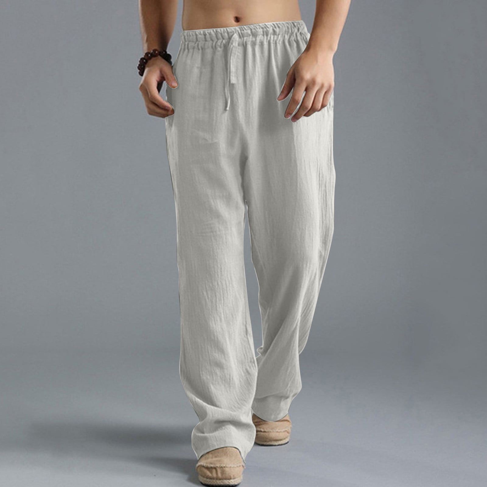 Viadha Men's Drawstring Elastic Waist Cotton Linen Casual Pants