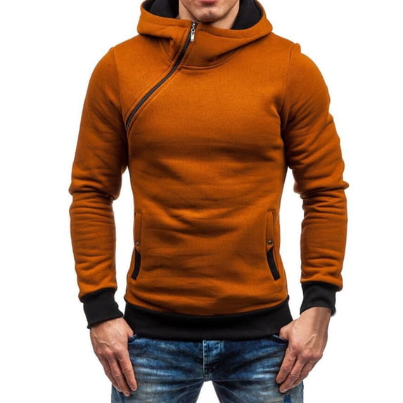 Men's Hoodies Sweatshirts Fashion Casual Solid Slant Zipper Pullover Hoodies with Pockets Fall/Winter Warm Clothing for Sports Fitness, Lounge and Work
