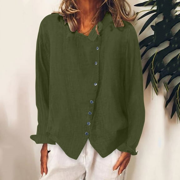 Viadha Oversized Tshirts for Women Cotton Linen Button Down Blouses Ladies Office V Neck Long Sleeve Shirts Loose Fit Tops