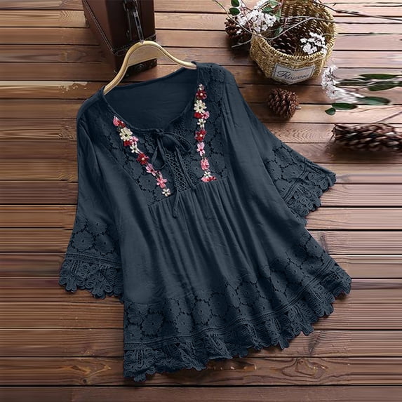 Viadha Plus Size Fall Tops Women Vintage Lace Patchwork Bow V-Neck Three Quarter Blouses T-Shirt