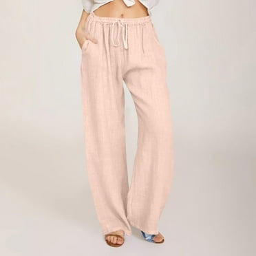 Viadha Plus Size Lounge Pants for Women Cotton Linen Comfy Slacks Straight Leg Casual Drawstring Waist Solid Trousers