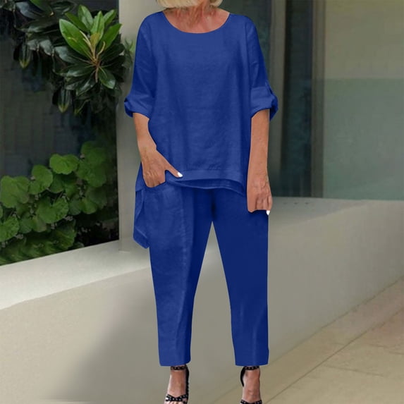 Viadha Plus Size Pajamas for Women Set Women's Solid Color Round Neck Short Sleeve Tops and Pants Sets with Pockets