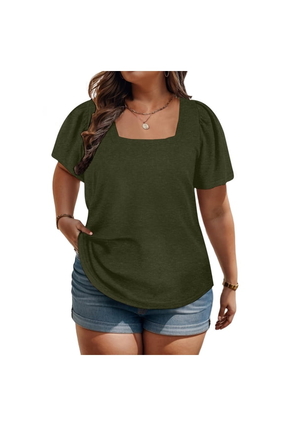 Plus Size Summer Outfits Women's Summer Solid Color Plus Size Tops Puff Short Sleeve Loose Fashion Short Sleeve Round Neck Top XL-5XL Summer Outfits for Women 2024