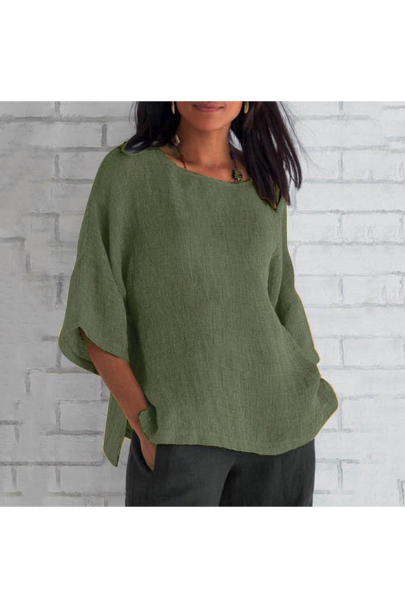 Plus Size Tunic for Women Summer Fashion Cropped Sleeves Round Neck Cotton Line Loose Shirt Blouse Loose Tunic Blouse