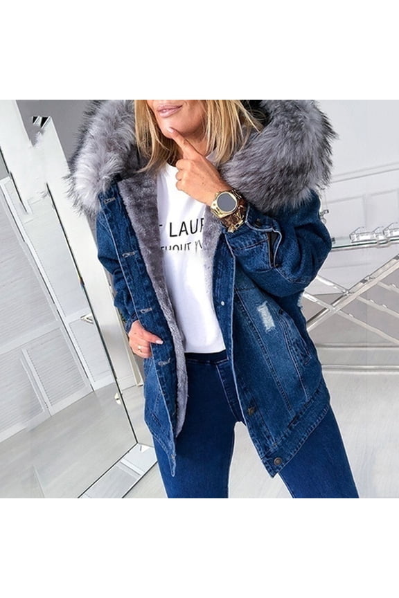 Plus Size Winter Coat Women's Plush and Thick Long Sleeved Collar Denim Solid Color Jacket Top Coat