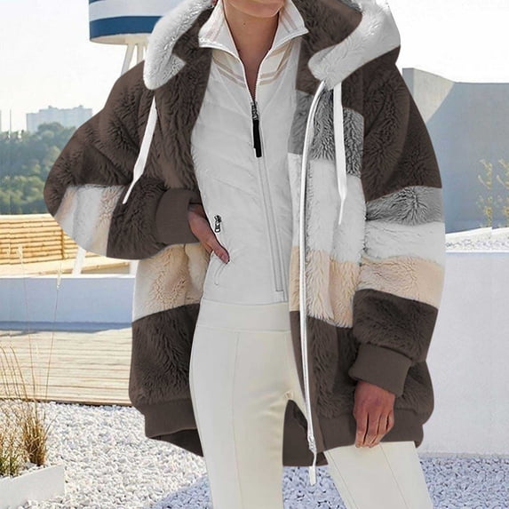 Viadha Plus Size Winter Coats for Women Fashion Woman Long Sleeve Open Front Loose Outerwear Patchwork Blouse Coat Tops Pockets Blouse Warm Jackets for Women