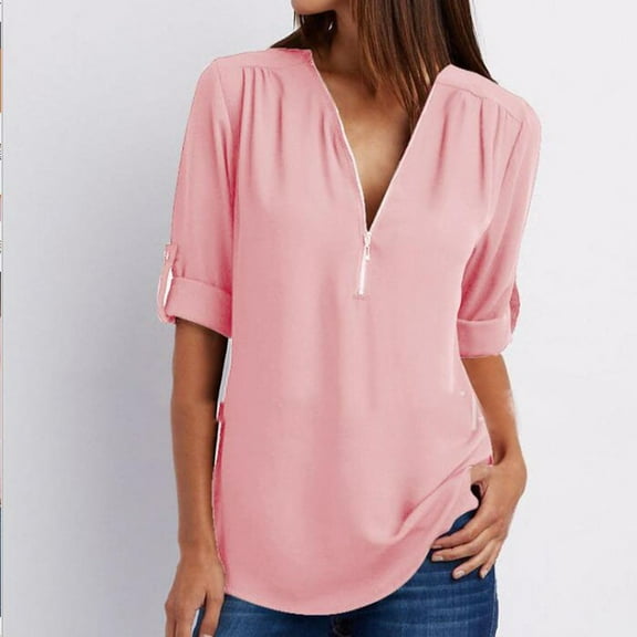 Viadha Shirts for Women Summer Summer Long Sleeve Zip Casual Tunic V-Neck Rollable Blouse Tops Summer Plus Size T Shirt