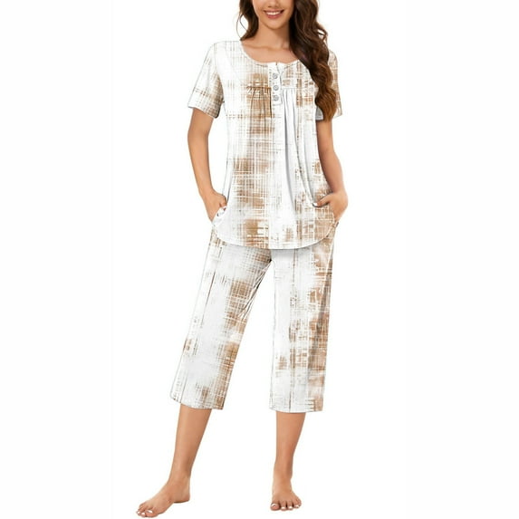 Viadha Silk Pajamas for Women Women's Round Neck Print Short Sleeve Sleepshirt and Pants Sets Loungewear Pajamas with Pockets
