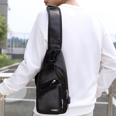 Men's Leather Sling Bag - Waterproof Crossbody Chest Bag, Adjustable Strap, Multiple Pockets