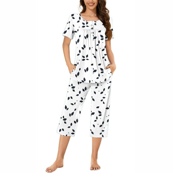 Viadha Soft Pajama Set for Women Women's Round Neck Leaf Print Short Sleeve Sleepshirt and Pants Sets Loungewear Pajamas with Pockets