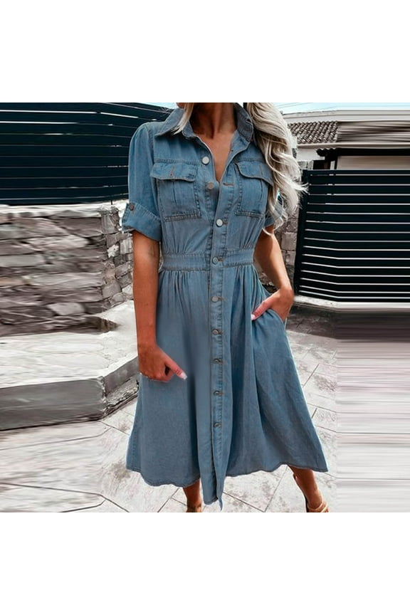 Summer Clothes for Women 2024 Women's Spring/Summer Lapel Breasted Casual Button Pocket Denim Dress