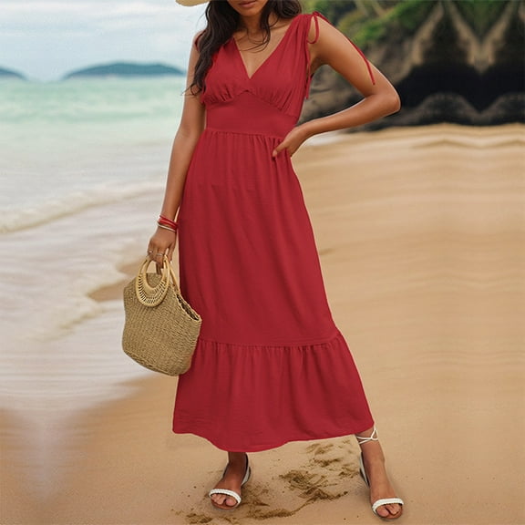 Viadha Summer Dress Women Casual Solid Color Loose Sleeveless V-Neck Camisole Dress