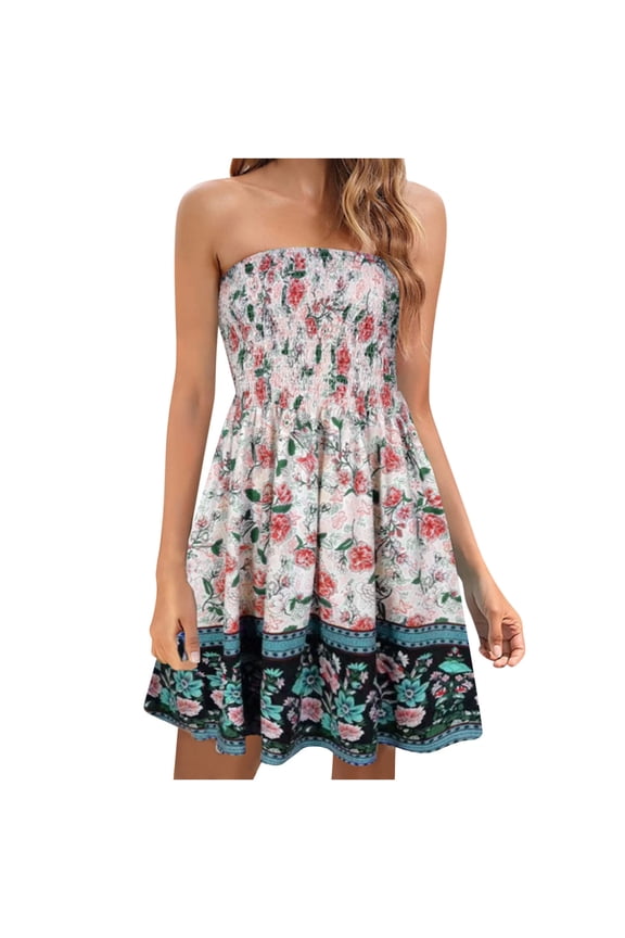 Summer Dress Women's Bohemian Style Strapless Elastic Band Dress Without Sleeves Strapless Bra Fashionable Floral Print Dress