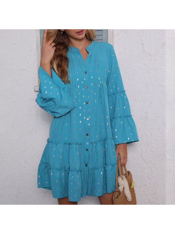 Summer Dress for Women Spring New Printing Stamping Pressure Pleated Flare Sleeve Loose V-Neck Dresses Long Sleeve V-Neck Dresses