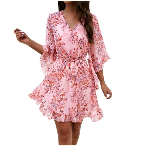 Viadha Summer Dress for Women Temperament Gentle Elegant Printed Medium Sleeved V-neck Tether Dress