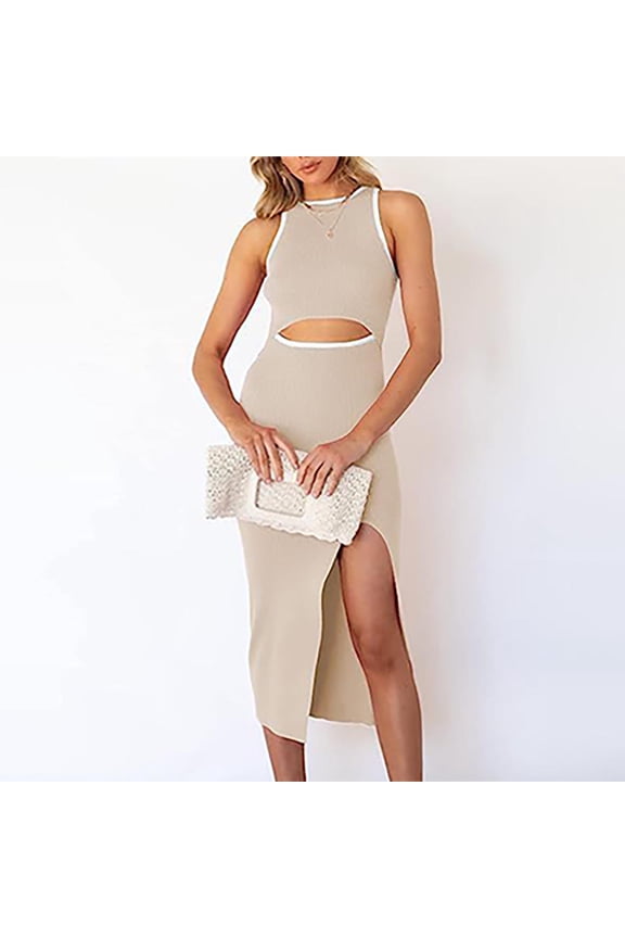 Summer Skirts for Women Solid Color Hollowed Out Mid Length Dress with Round Neck Sleeveless Slit and Tight Fitting