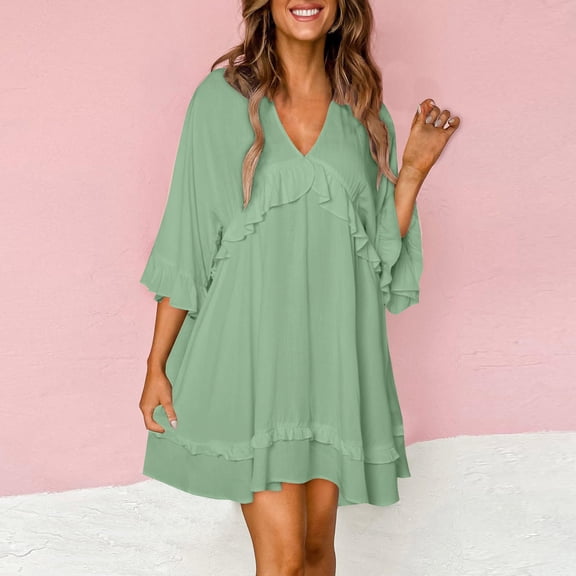 Viadha Summer Vacation Outfits for Women Spring/Summer New Satin Solid V-neck Dress with Split Hem Sexy Dress