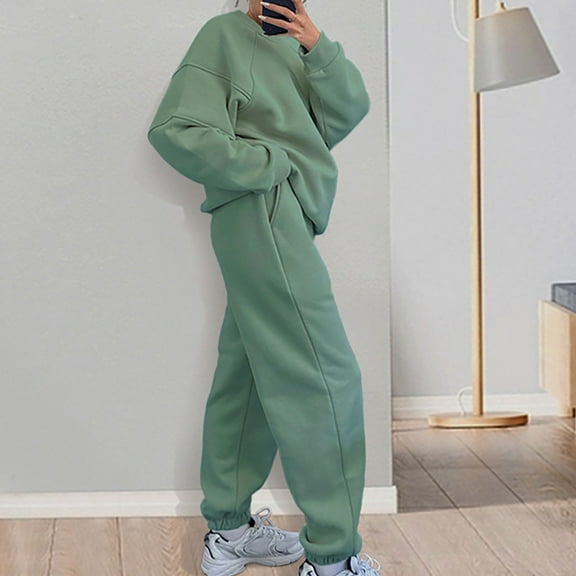 Viadha Sweat Set for Women Women Casual Solid Color Two Piece Long Pants Hooded Pullover Long Sleeve Sweatshirts Sets