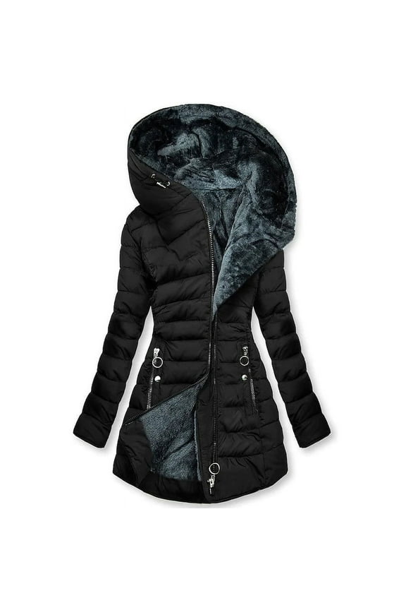 Womens Winter Coats Warm Puffer Jacket Solid Color Hooded Plush Cotton Coats for Women with Pockets