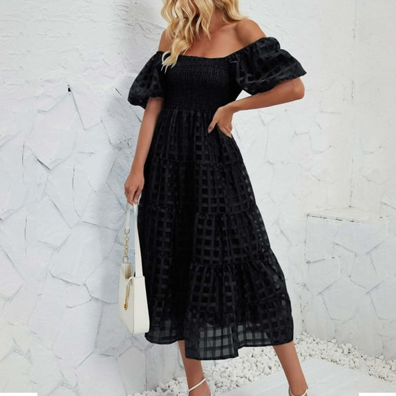 Viadha Tshirt Dress Off The Shoulder Bubble Short Sleeve Pleated High Waist Dress
