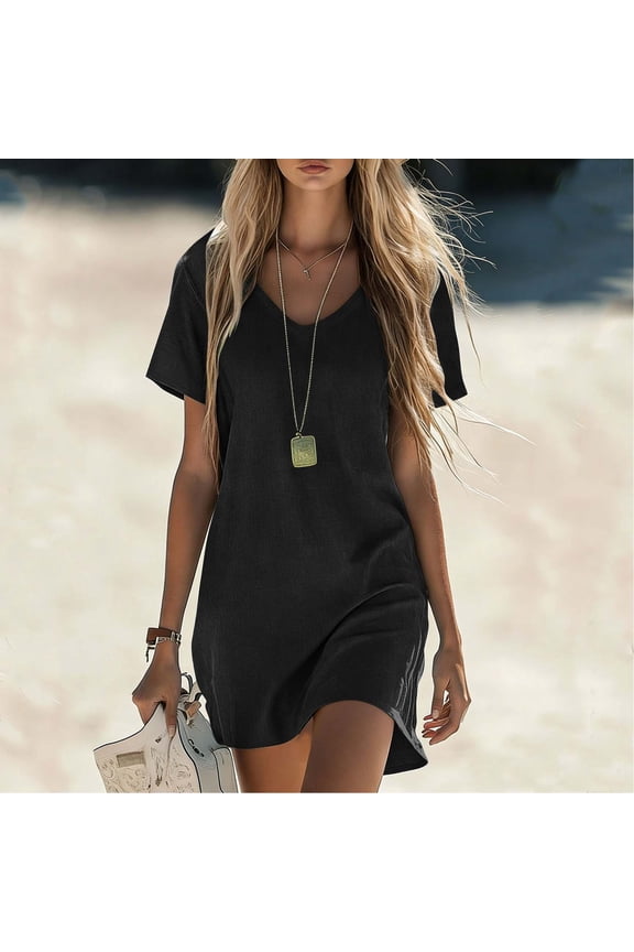 Summer Dresses for Women Loose Cotton Linen Dresses V Neck Short Sleeve Casual T Shirt Dress Flowy Beach Sundresses with Pockets