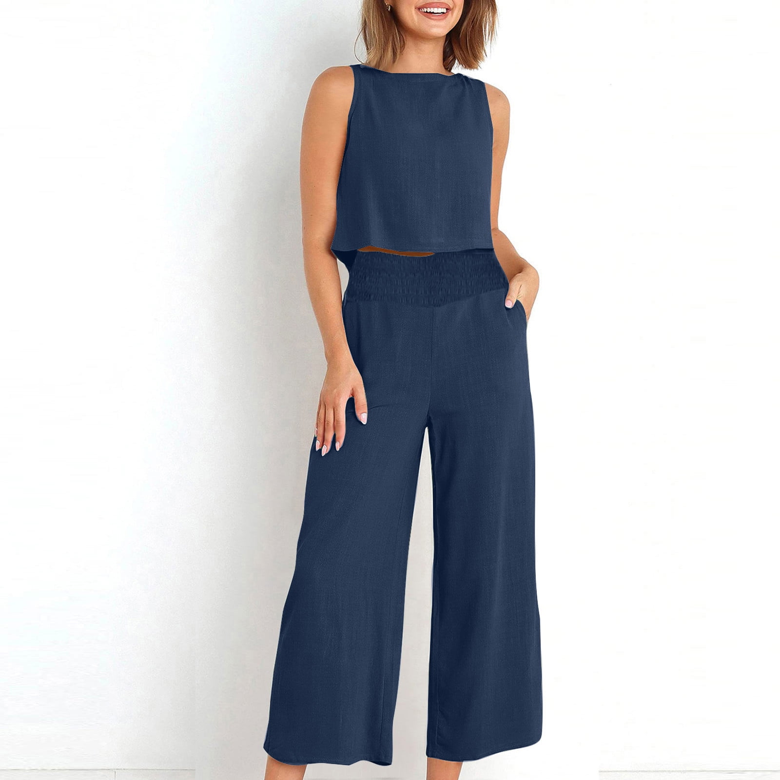 Women'S Casual V-Neck Sequined Cotton And Linen Two-Piece Suit