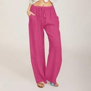 Viadha Women Casual Solid Cotton Linen Drawstring Elastic Waist Long Wide Leg Pants