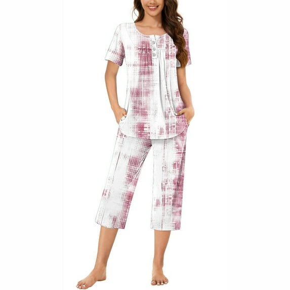 Viadha Women Pajama Sets Women's Round Neck Print Short Sleeve Sleepshirt and Pants Sets Loungewear Pajamas with Pockets