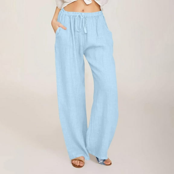 Viadha Women Pants Plus Women Casual Solid Cotton Linen Drawstring Elastic Waist Long Wide Leg Pants