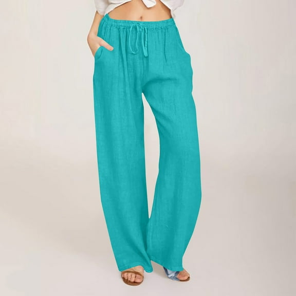 Viadha Women Plus Size Cotton Linen Wide Leg Pants Casual Loose Fit Elastic High Waist Drawstring Palazzo Pants Trousers Womens Clothes